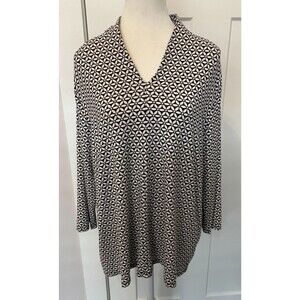 TALBOTS Womens Knit TOP 3/4 Sleeve BLACK White FLORAL V-Neck Size 1X